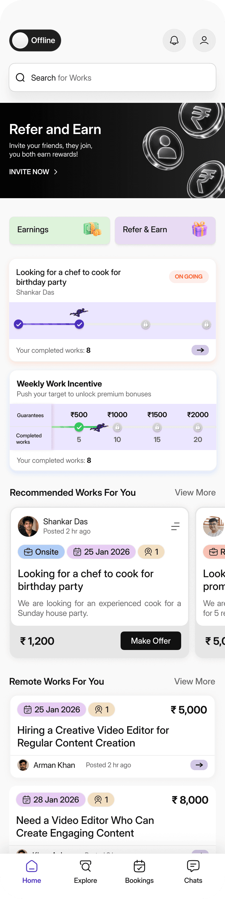 The Workley home screen for heroes: an availability toggle, a search field for work, earnings and referral cards, and a weekly work incentive progress bar