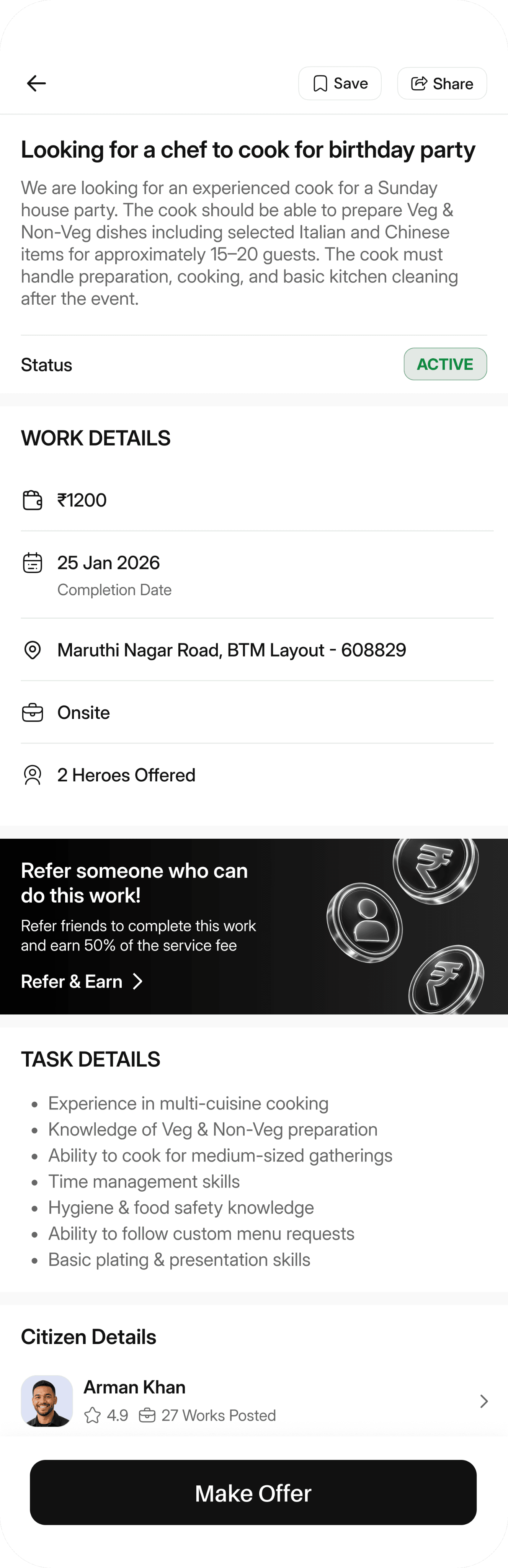 A Workley job post showing its budget, completion date, location, and a Make Offer button