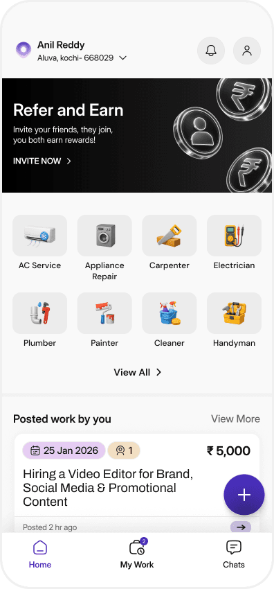 The Workley home screen: a grid of service categories from AC Service to Handyman, a Refer and Earn banner, and work posted by the user